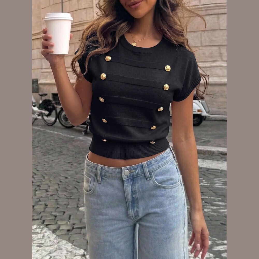Black Knit Double Breasted Gold Button Sleeveless Sweater Vest Top